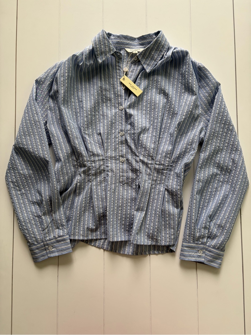 NWT Max Studio Blue Striped Pleat Waist Top Size Medium
